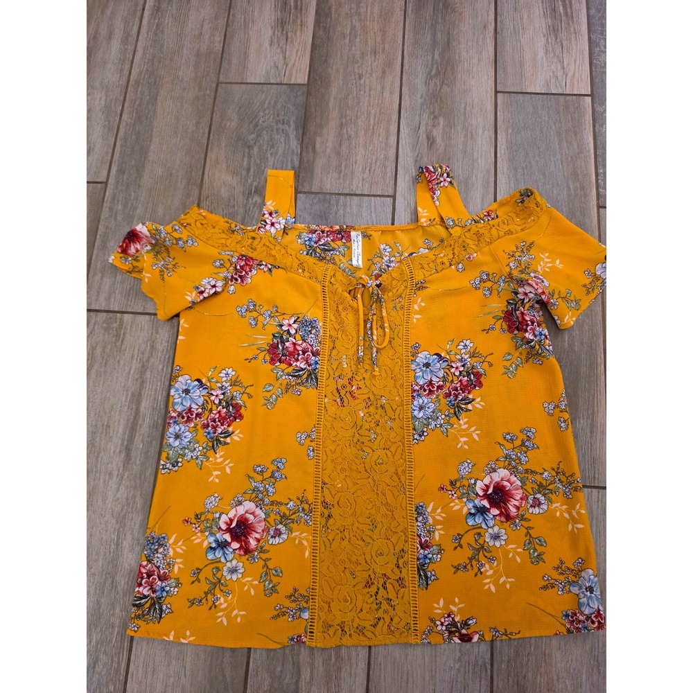 Perception Concept Mustard Yellow Floral Cold Shoulder Lace Trim Blouse XL